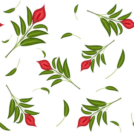 Spathiphyllum red flower pattern with leaves on white background, color vector illustration, print, texture, textile, design, decoration, background, Wallpaperのイラスト素材
