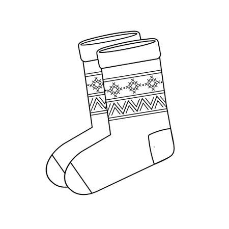 Warm socks with ornaments, black outline  on white backgroundのイラスト素材
