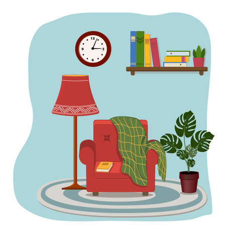 Home interior of a red chair with a blanket, floor lamp, clock and shelf with books and room lighting, color illustrationのイラスト素材