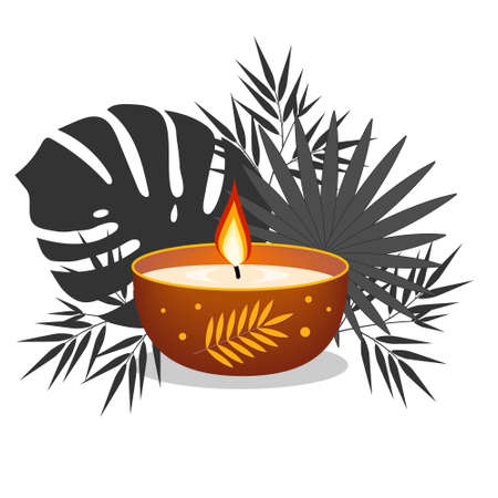 Candle decorated on a background of tropical leaves, clipart, design, decoration, icon, bannerのイラスト素材