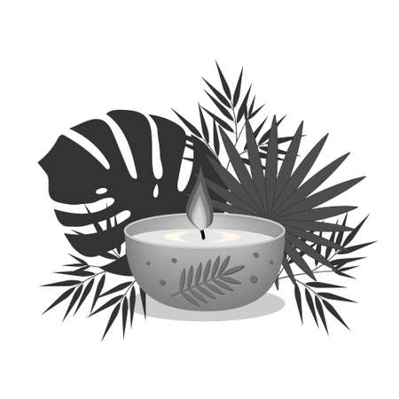 Candle decorated on a background of tropical leaves, clipart, design, decoration, icon, bannerのイラスト素材