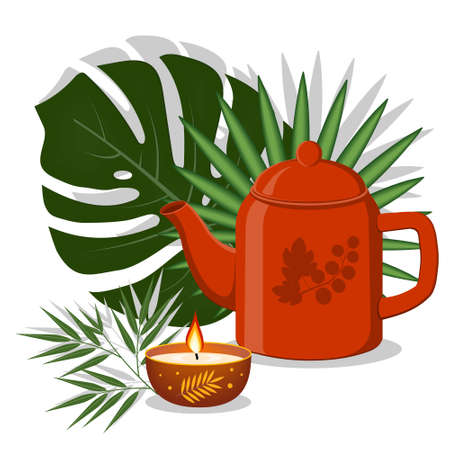 Teapot teapot and decorated candle on a background of tropical leaves color illustration, clipart, design, decoration, icon, sign, bannerのイラスト素材