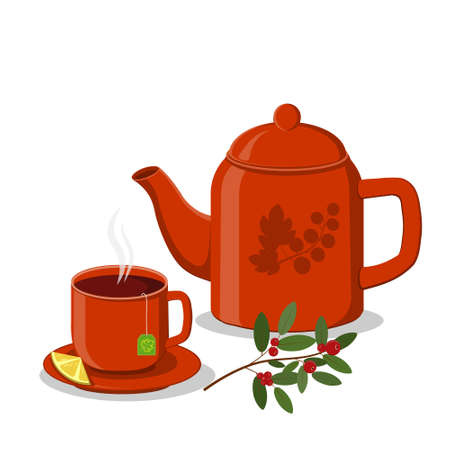 Set of Teapot and Cup on a saucer with red lemon, color illustration, clipart, design, decoration, icon, sign, bannerのイラスト素材