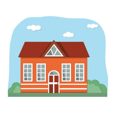 Flat house with large Windows and an attic on the background of nature, color  illustrationのイラスト素材
