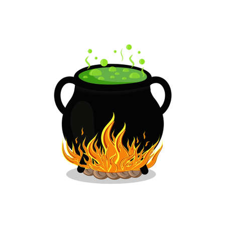 black pot on fire, color illustration isolated on a white backgroundのイラスト素材