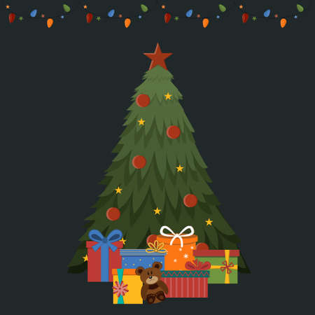 Christmas tree decorated with a garland and gifts to her will, color illustrationのイラスト素材