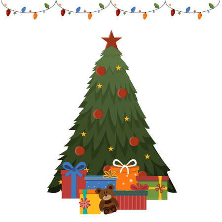 Christmas tree with gifts and garland, isolated on a white background, color illustrationのイラスト素材