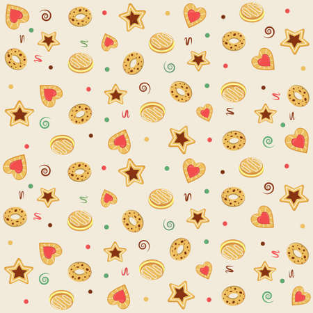 cookie set pattern, color vector illustration in flat style, print, texture, textile, design, decoration, background, Wallpaperのイラスト素材