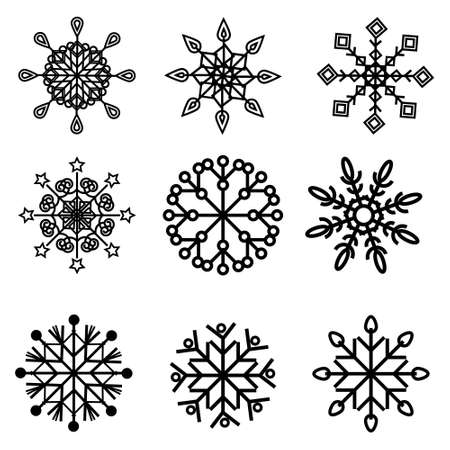 set of snowflakes black outline, vector illustration on a white background, clipart, design, design, iconのイラスト素材