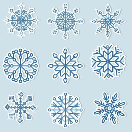 Set of blue snowflake stickers, color vector illustration isolated on a white background, clipart, design, decorationのイラスト素材