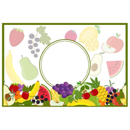 greeting card with a round frame on a fruit background, color vector illustration, design, decoration, clipartのイラスト素材
