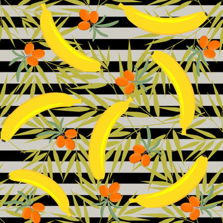 banana and sea buckthorn fruit pattern, color vector illustration, textile, texture, designのイラスト素材