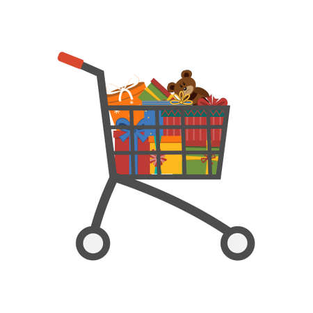 Gifts in a shopping cart, color vector illustration isolated on a white background, clipart, design, decorationのイラスト素材