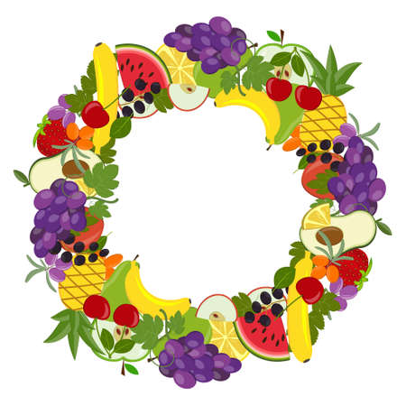 Round frame of exotic fruits isolated on a white background, color vector illustration, clipart,...