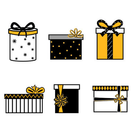 Gift set with bows isolated on a white background, vector illustration in flat style, color black and yellow, clipart, design, decoration, iconのイラスト素材