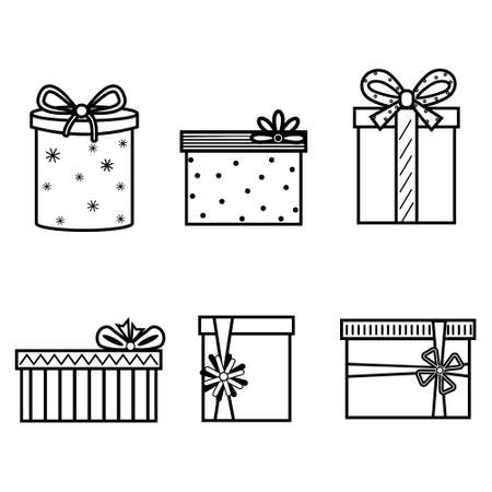 A collection of gifts with bows and ornaments, a set of gift box icons made with a thin line, contour, vector illustration of a web sign, isolated on a white background. Sketch, clipart, designのイラスト素材