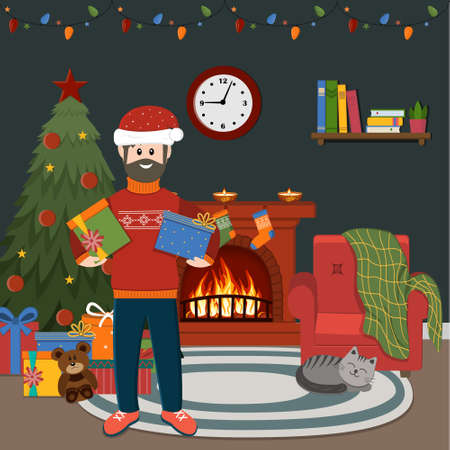 A man in a warm red sweater, in a Christmas hat of Santa Claus holds gifts on the background of a Christmas tree and a fireplace, color vector illustration, banner, postcard, posterのイラスト素材