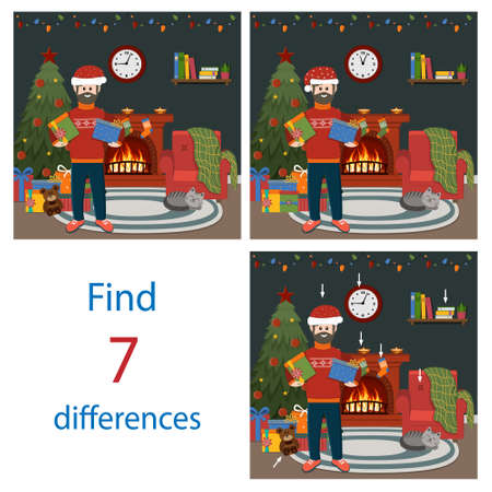 mindfulness game find differences in pictures of Christmas and men with gifts near the Christmas tree, color vector illustration in flat style, development, educationのイラスト素材