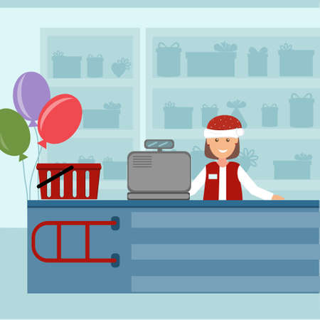 Seller in a Santa Claus hat at the checkout in the store, color vector illustration in flat style, banner, clipart, design, decorationのイラスト素材