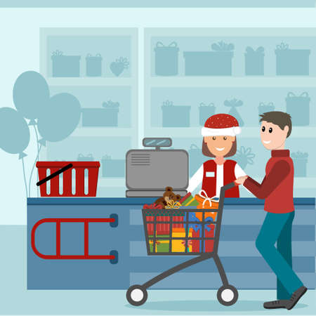 Seller woman in a Santa Claus hat at the checkout in a gift shop and a man buyer with a shopping cart with gifts, color vector illustration in flat style, banner, poster, design, decorationのイラスト素材