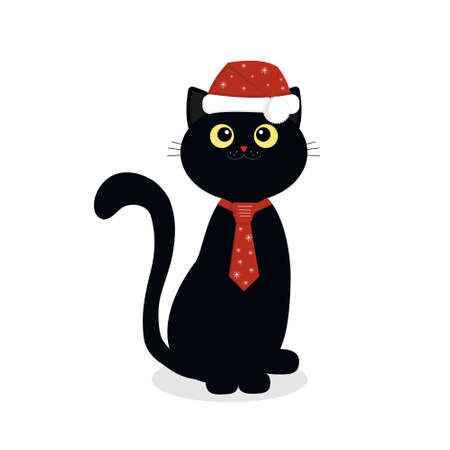 black kitten in a Christmas costume hat and tie, isolated color vector illustration on a white background in flat style, banner, poster, clipart, decorationのイラスト素材