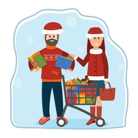 Man and woman in winter clothes in Santa Claus hats with purchases and gifts, color vector illustration in flat style on a blue background with snowflakes, banner, poster, advertising, clipartのイラスト素材