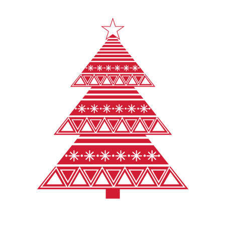 Red Christmas tree with white ornament and star, vector isolated illustration in flat style, stencil, icon, icon, decor, banner, decoration, clipartのイラスト素材