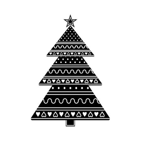 Black Christmas tree with white ornament and star, vector isolated illustration in flat style, stencil, icon, icon, decor, banner, design, clipartのイラスト素材