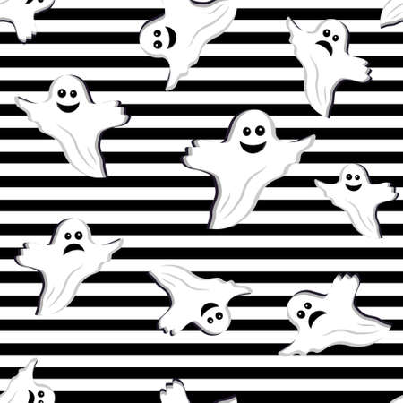 Ghost pattern Halloween Ghost on black and white striped background, vector illustration in flat style, print, texture, textile, design, decoration, background, Wallpaperのイラスト素材