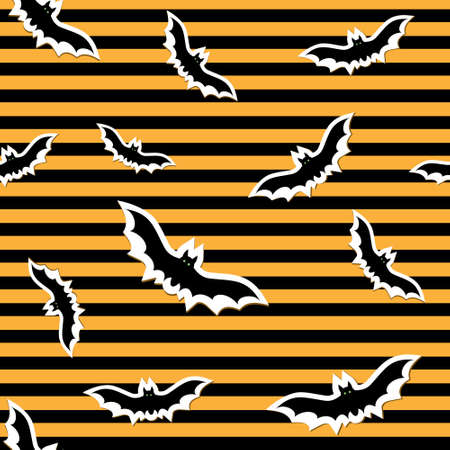 Pattern for Halloween bats on yellow background with black stripes, vector illustration in flat style, print, texture, textile, design, decoration, background, Wallpaperのイラスト素材