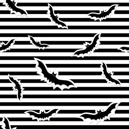 Pattern for Halloween bats on a white background with black stripes, vector illustration in flat style, print, texture, textiles, design, decoration, background, Wallpaperのイラスト素材