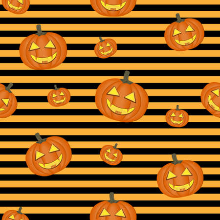 Halloween pumpkin pattern on orange background with black stripes, vector illustration in flat style, print, texture, textile, design, decoration, background, Wallpaperのイラスト素材