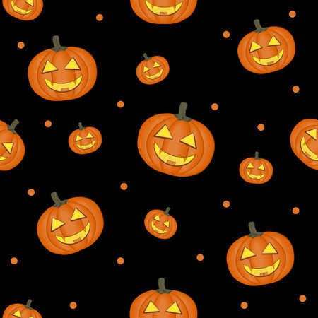 Halloween pumpkin pattern on black background, color vector illustration in flat style, print, texture, textile, design, decoration, background, Wallpaperのイラスト素材