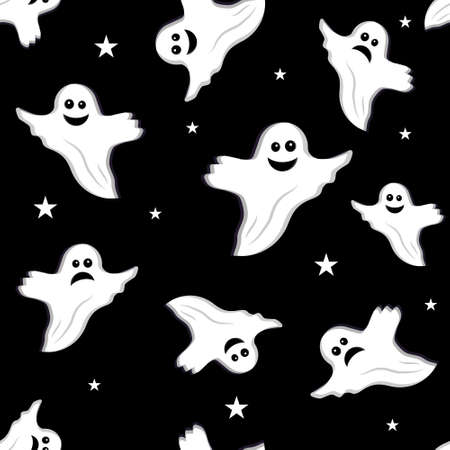 Pattern for Halloween Ghost on a black background, vector illustration in flat style, print, texture, textile, design, decoration, background, Wallpaperのイラスト素材