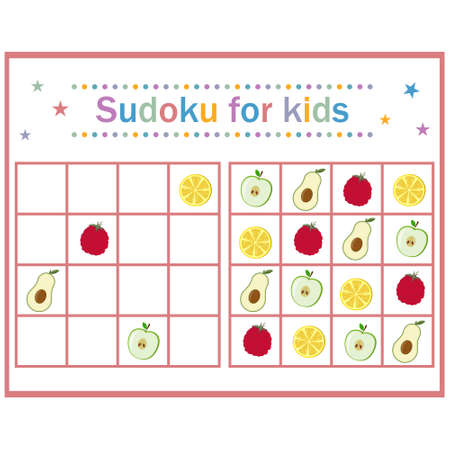 Sudoku puzzle game with fruits and berries for children's development, color vector illustration in flat style, education, entertainment, design, decorationのイラスト素材
