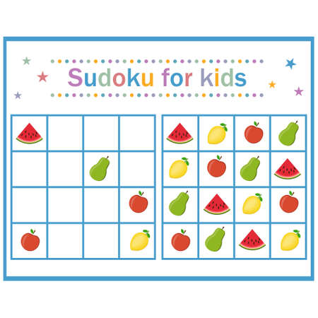Sudoku puzzle game with fruits and berries for children's development, color vector illustration in flat style, education, entertainment, design, decorationのイラスト素材