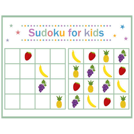 Sudoku puzzle game with fruits and berries for children's development, color vector illustration in flat style, education, entertainment, design, decorationのイラスト素材
