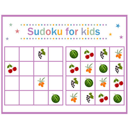 Sudoku puzzle game with fruits and berries for children's development, color vector illustration in flat style, education, entertainment, design, decorationのイラスト素材