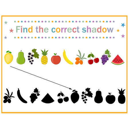 Math puzzle, fruit and berry puzzle game for children's development, find the right shadow, color vector illustration in flat style, education, entertainment, design, decorationのイラスト素材