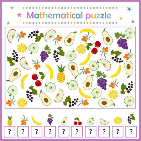 Math puzzle, fruit and berry puzzle game for children's development, count and write down the number, color vector illustration in flat style, education, entertainment, design, decorationのイラスト素材