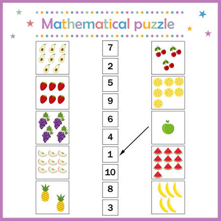 Math puzzle for math fruit, for children's development, color vector illustration flat style, education, score, tutorial design, clipartのイラスト素材