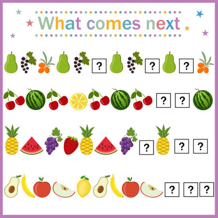 Math puzzle fruit, for children's development, which object is next in a row, color vector illustration flat style, education, score, tutorial design, clipartのイラスト素材