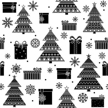 Pattern of Christmas tree with ornament gifts and snowflakes, black and white vector illustration in flat style, print, texture, textiles, design, decoration, background, Wallpaperのイラスト素材
