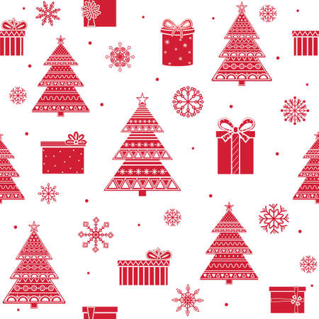 Pattern with abstract red Christmas trees with an ornament on a white background, color vector illustration in flat style, print, texture, textile, design, decoration, background, Wallpaperのイラスト素材