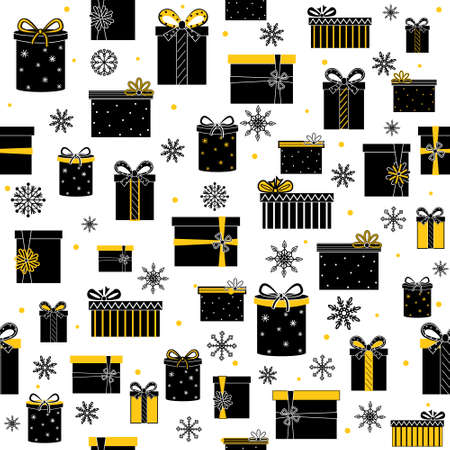 Christmas pattern of gifts in black and yellow on a white background, vector illustration in flat style, print, texture, textiles, design, decoration, background, Wallpaperのイラスト素材