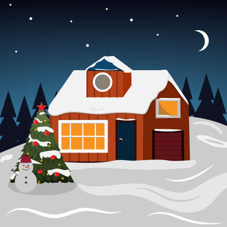 Winter house with Christmas night with Christmas tree and snowman, color vector illustration in flat style, banner, poster, design, decorationのイラスト素材