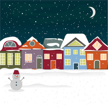 Multi-colored snow houses on Christmas night and snowman, color vector illustration in flat style on a blue background, clipart, design, decoration, banner, posterのイラスト素材