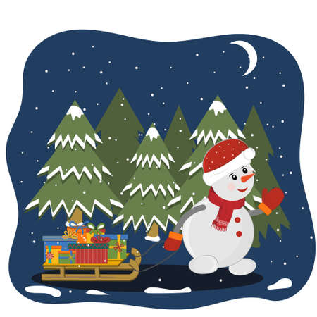 Snowman at night carries gifts past a forest of Christmas trees, color isolated vector illustration in flat style, greeting card, clipart, design, decoration, scrapbooking, appliqueのイラスト素材