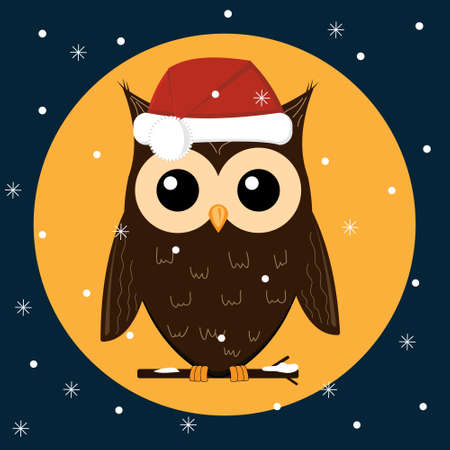 Owl in a Santa Claus hat in the winter forest on a branch against the background of the moon, Color vector illustration in flat style. Clipart, design, decoration, icon, avatar, signのイラスト素材