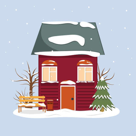 Winter landscape red house on a background of trees and shrubs, next to a shop and an urn, color vector illustration in the style of flat, clipart, design, decoration, bannerのイラスト素材